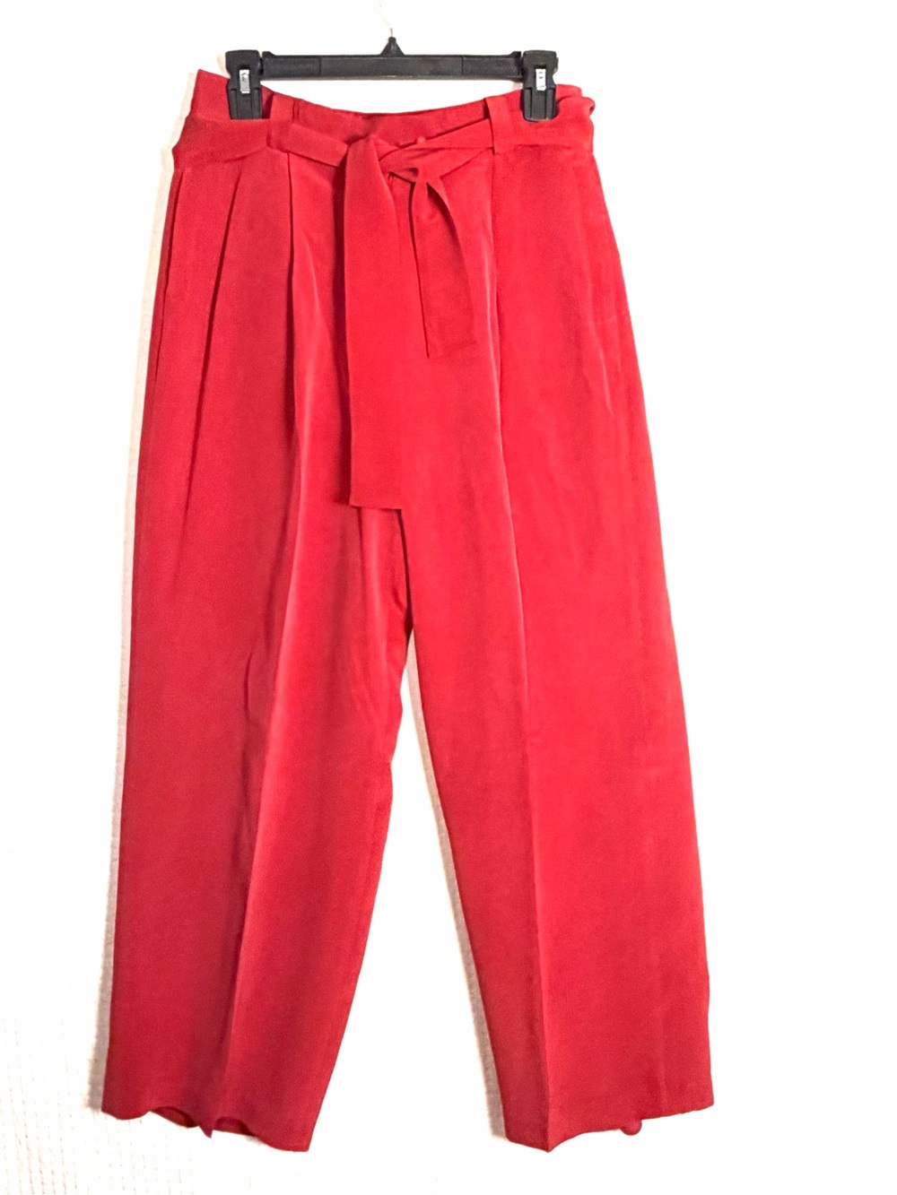 VTG DUE per DUE Women 100% Silk Dark Red Trouser Pants Pleated Lined Belt Size 8